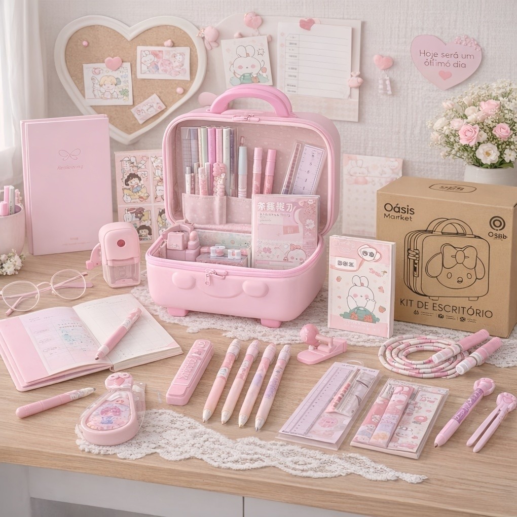 Kit de Papelaria Completo 48 em 1 Infantil Rosa com Maleta de Senha | com Cadernos, Canetas, Marca Textos e Acessórios