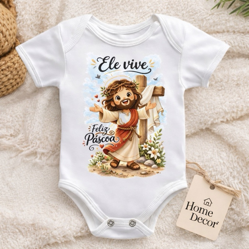 Body Bebê Páscoa Cristã Jesus Ele Vive Roupa Infantil Personalizada Presente Bebê
