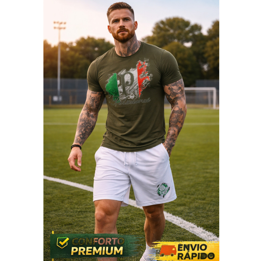 Conjunto Masculino Torcedor Palmeiras Camiseta 100% Algodão + Short Tactel Casual Verão