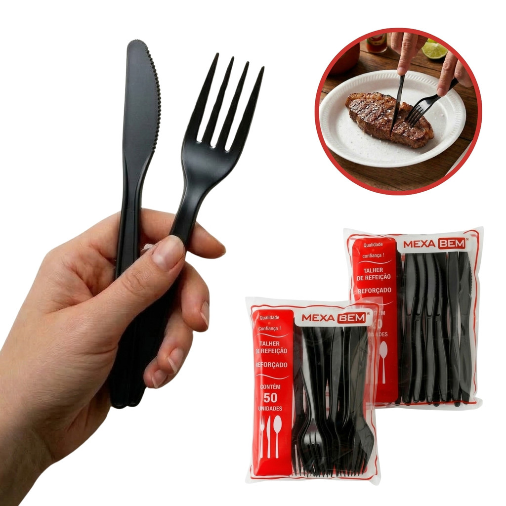 Kit Garfo e Faca Talher Descartável Reforçado 100un para Festa, Eventos e Churrasco - Preto