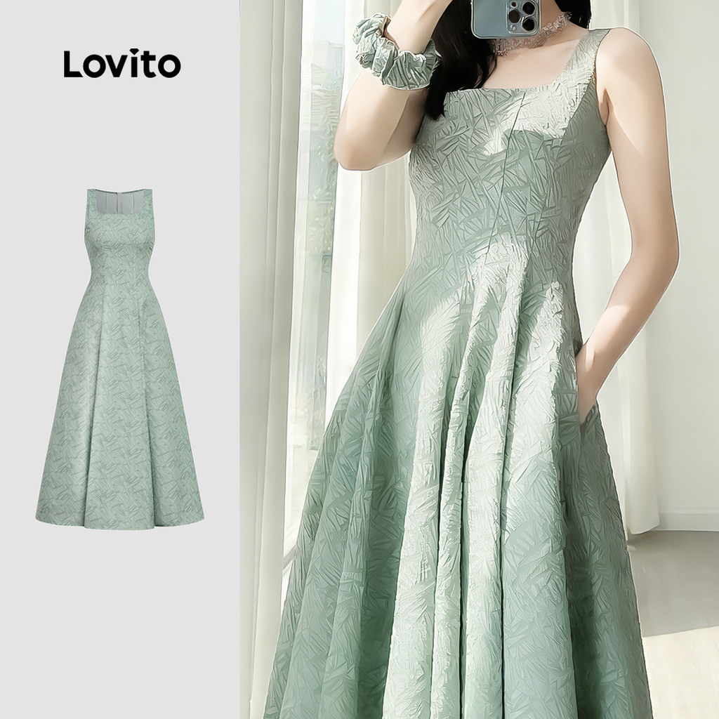 Lovito Vestido Elegante Verde Com Bolsos Estruturados Para Primavera/verão Feminino L177AD106