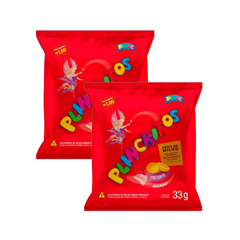 Kit 2 Salgadinho de Milho Plinckitos Sabor Presunto Conchinha 33g