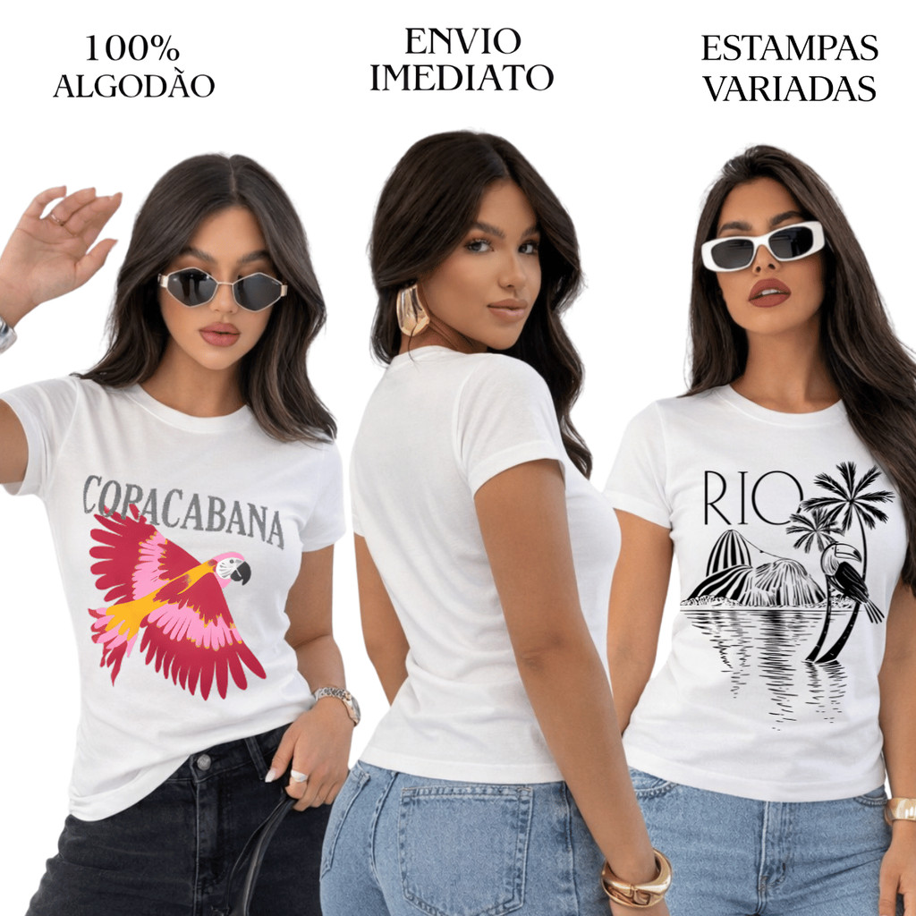 T-Shirt Feminina Estampas Diversas Rio/Copacabana Tropical Camiseta Algodão Promoção