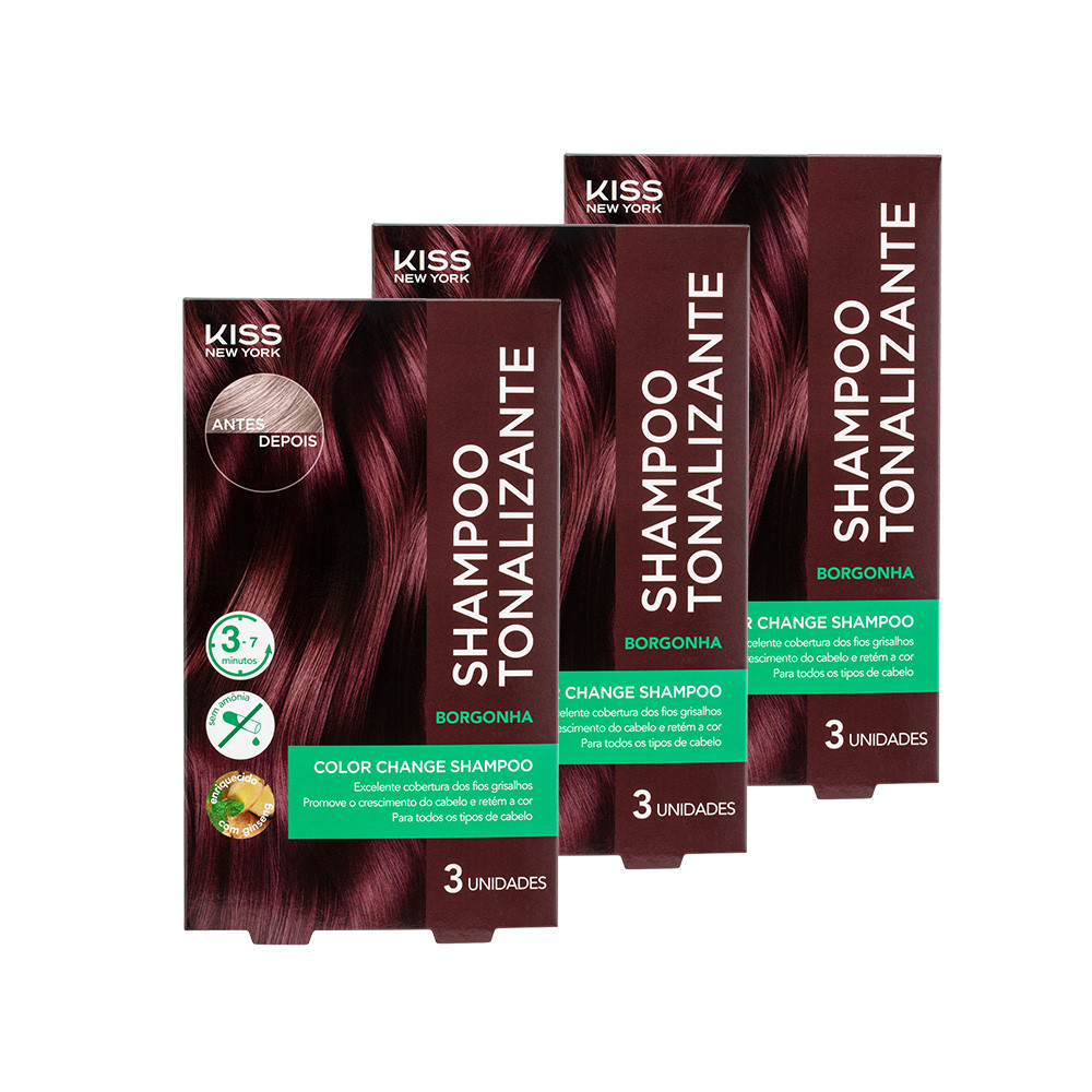 Kit com 3 Shampoos Tonalizantes Color Change Borgonha  - Kiss New York