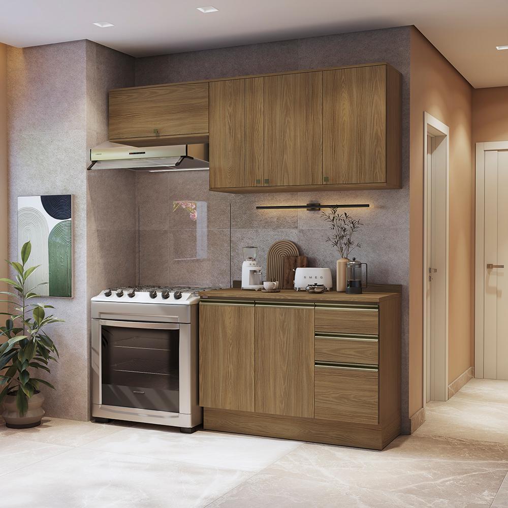 Armário de Cozinha Compacta 3 Gavetas 100% MDF 200cm Nogueira Celeste Kappesberg