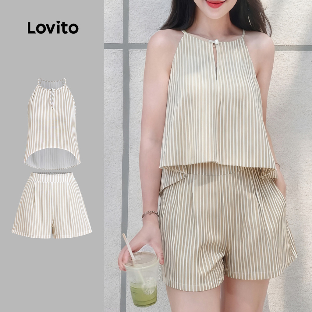 Lovito Conjuntos de Shorts Casuais 2pacote de 2 Combinados Alto Baixo Primavera/verão Caqui L164ED314