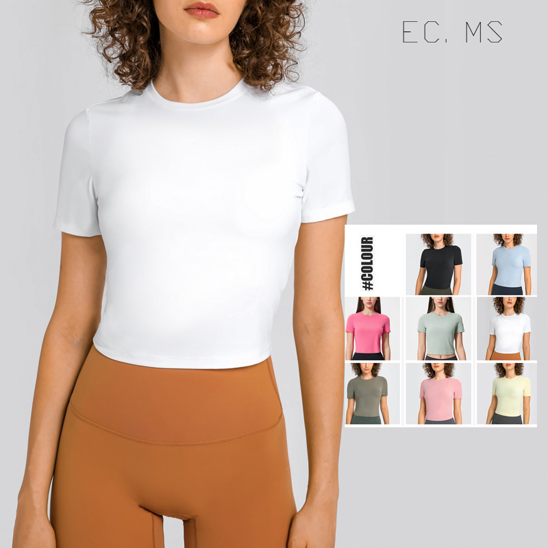 Mulheres Tops Mangas Curtas Sensação Nua Crop Slim Running Branco Preto Yoga GYM Camisa Atlética