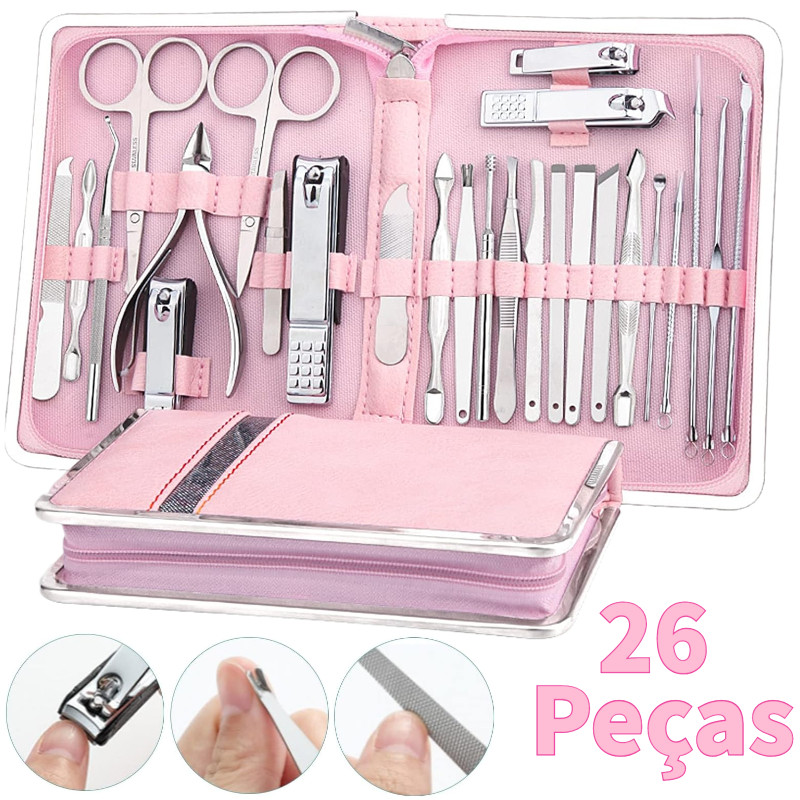 Kit de Manicure e Pedicure 26 Peças | Cortador de Unhas Profissional com Estojo com Zíper