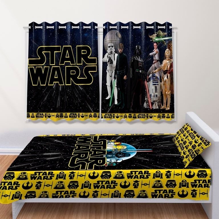 Kit Jogo de Quarto Infantil Cortina Jogo Lençol Cobre Leito Star Wars