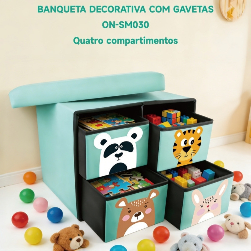 Banco Organizador Infantil com 4 Gavetas de Desenhos Sapateira e Organizador de Brinquedos ON-SM030