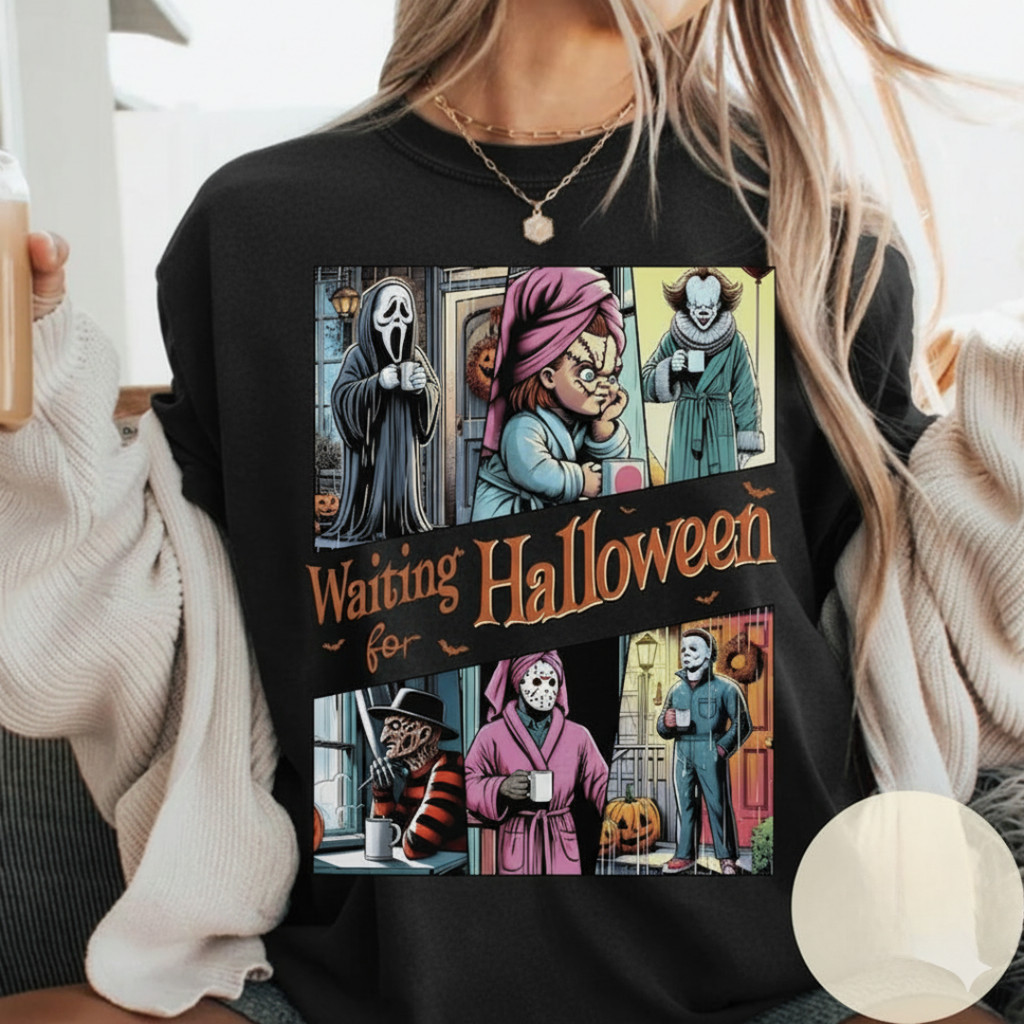 [Camiseta Premium em Algodão Puro]SISI Camiseta Masculino Feminino Fofo Aguardando Personagens Terror do Halloween