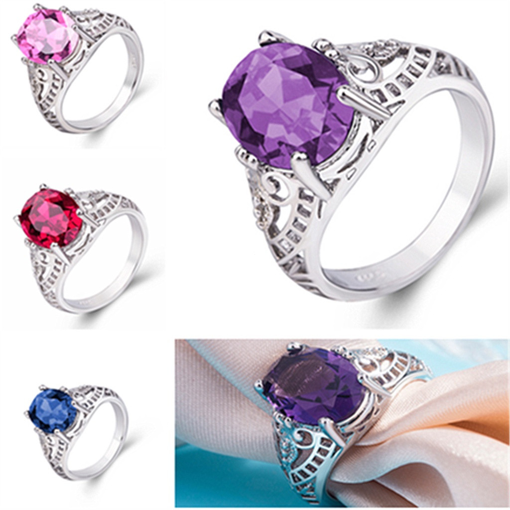 S925 Prata Ametista Anel De Noivado Em Forma De Coração Diamante Da Moda
