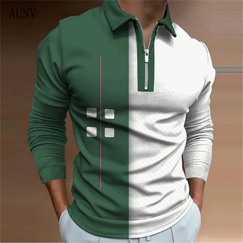 Camisa polo casual de manga longa para primavera e outono, camisa polo masculina com gola alta 3D, camisa polo com zíper