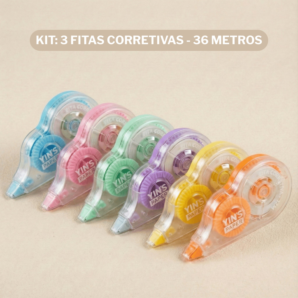 Kit 3 Fitas Corretivas Coloridas Yins Barato Portátil Leve Pequeno
