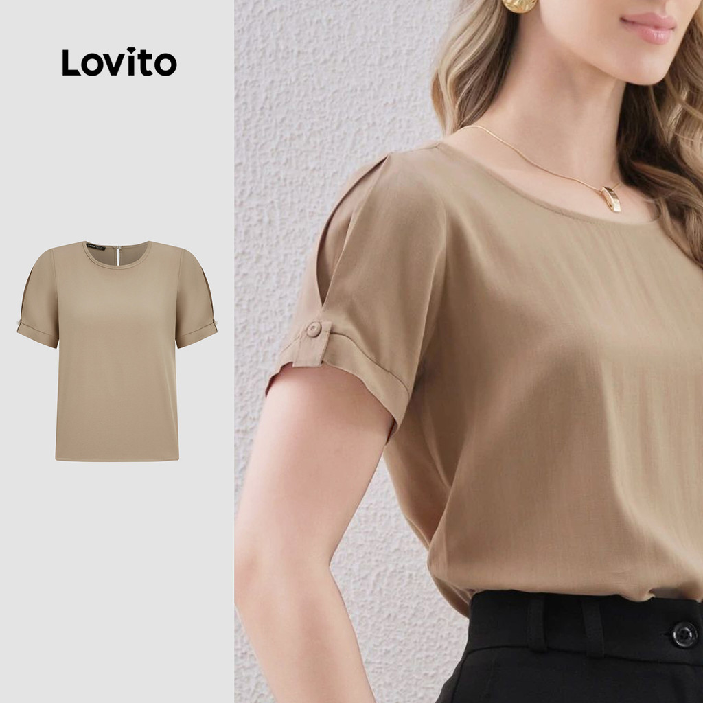 Lovito Blusa Casual Plissada Primavera/verão Blusa Khaki para Mulheres L171ED017 em Oferta na Shopee