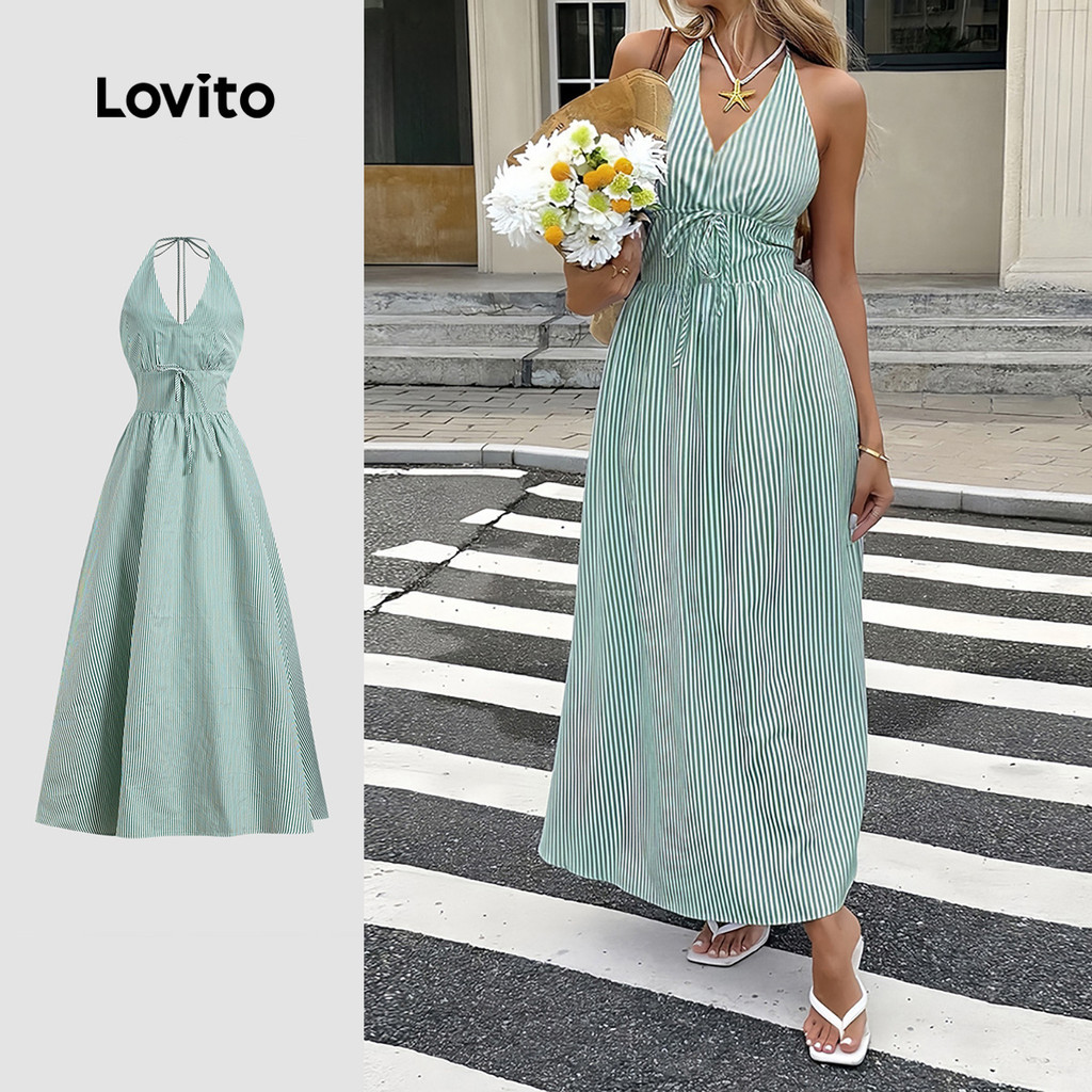 Lovito Vestido Boho com zíper e costas nuas com laço primavera/verão vestido verde para mulheres LBL32162 em Oferta na Shopee