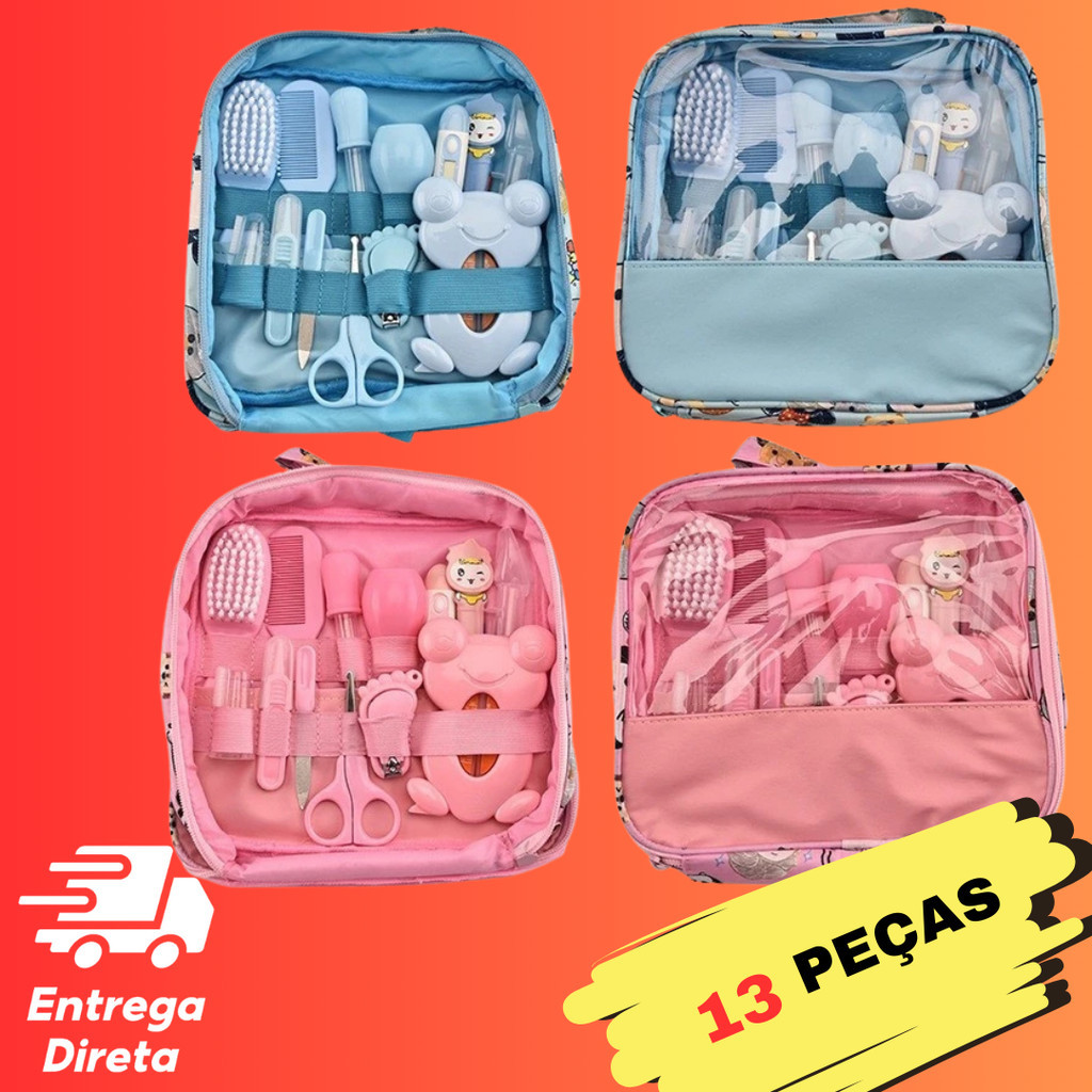 Kit Higiene Bebe 13 Peças Completo Com Termômetro Digital Escova Pente Tesoura Cortador E Estojo