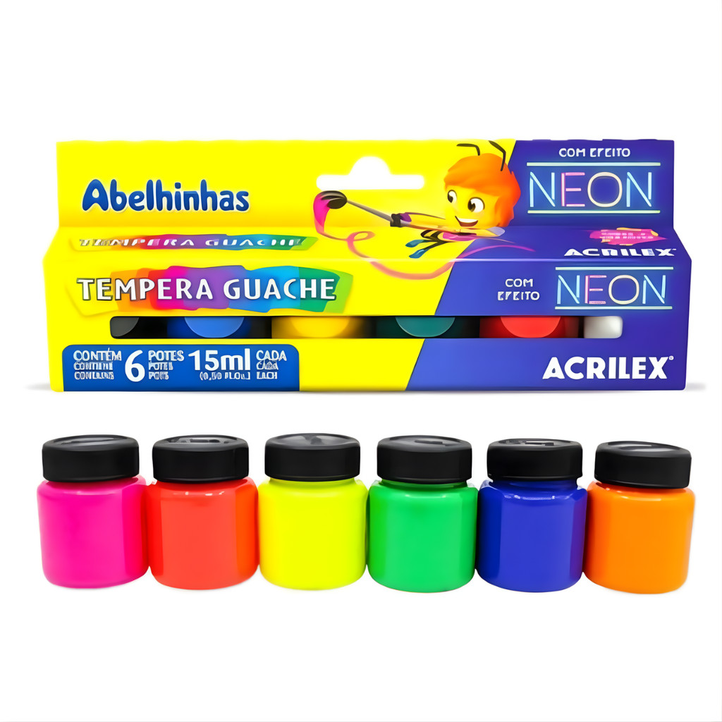 Têmpera Guache Neon Escolar 6 Cores 15ml Cada Pote