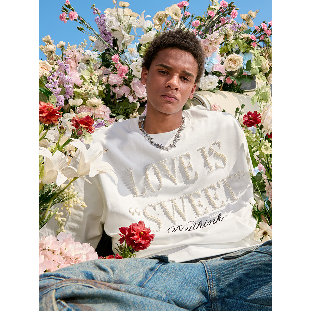 Nuthink indústria pesada bordado pérola carta camiseta manga curta americano Retro pesado solto masculino feminino novo