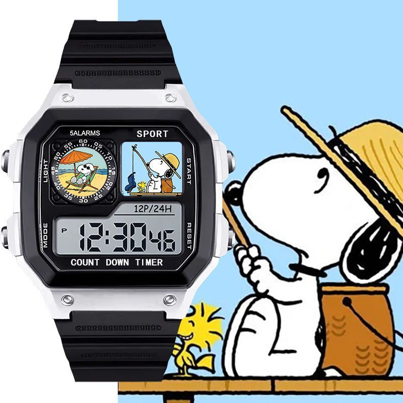 Anime Cartoon Snoopy Pequeno Quadrado Resistente a Choque Relógio Eletrônico de Estudante Silencioso com Despertador Luz