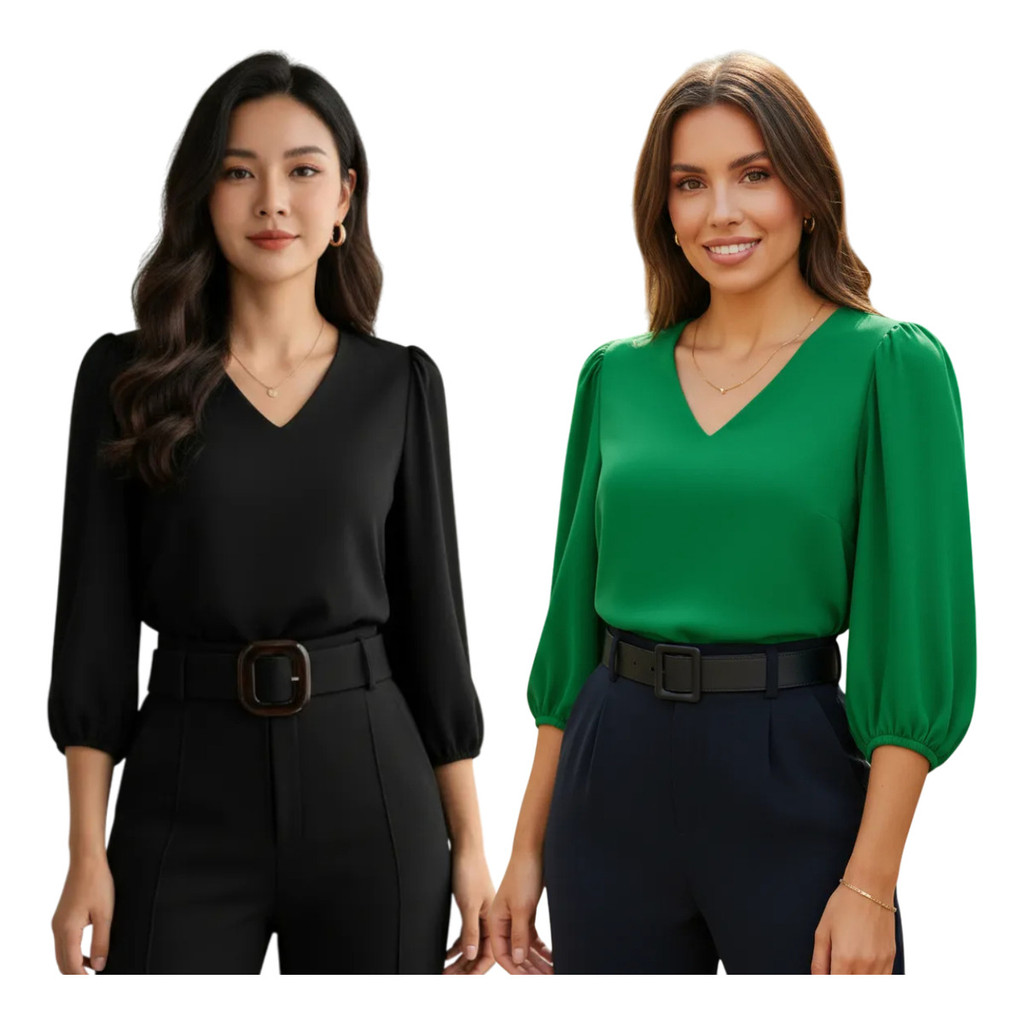 Kit 2 Blusas Feminina Manga Bufante Crepe Alfaiataria Social