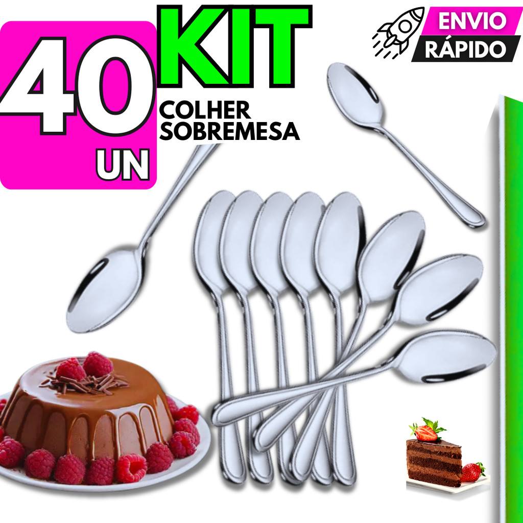 Jogo 40 Unidades Colher de Sobremesa  Aço Inox Talheres Cozinha Restaurante Buffet Faqueiro Festa