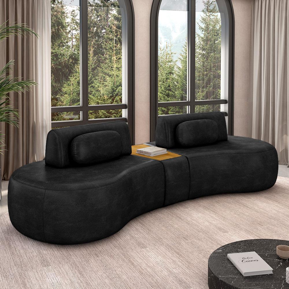 Imagem Sofá Sala de Estar Modulado França 342cm com Encosto Articulável Mesa Central e Almofadas PU Preto G45 - Gran Belo