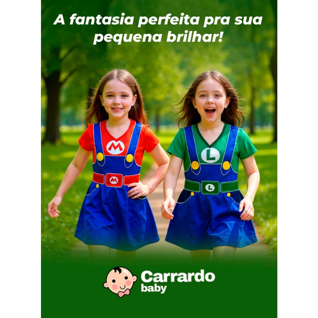 Vestido Fantasia Infantil Menina Mario e Luigi Super Mario Bros Festa Aniversário Achadinhos Criança
