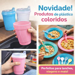 kit refeição 10 pratos copos com tampa infantil colher Plástico menina menino merenda escola creche