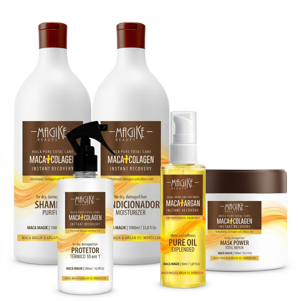 Super Kit Shampoo + Condicionador 1l + Mascara Maca Collagen 500ml + Protetor Térmico 500ml + Óleo de Argan 50ml Magike em Oferta na Shopee