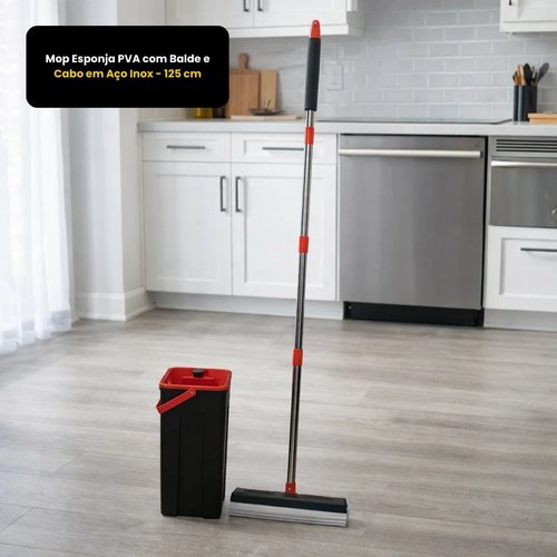 Mop Esponja Pva Alta Absorcao Com Balde Giratorio Cabo Inox Ajustavel 125 Cm