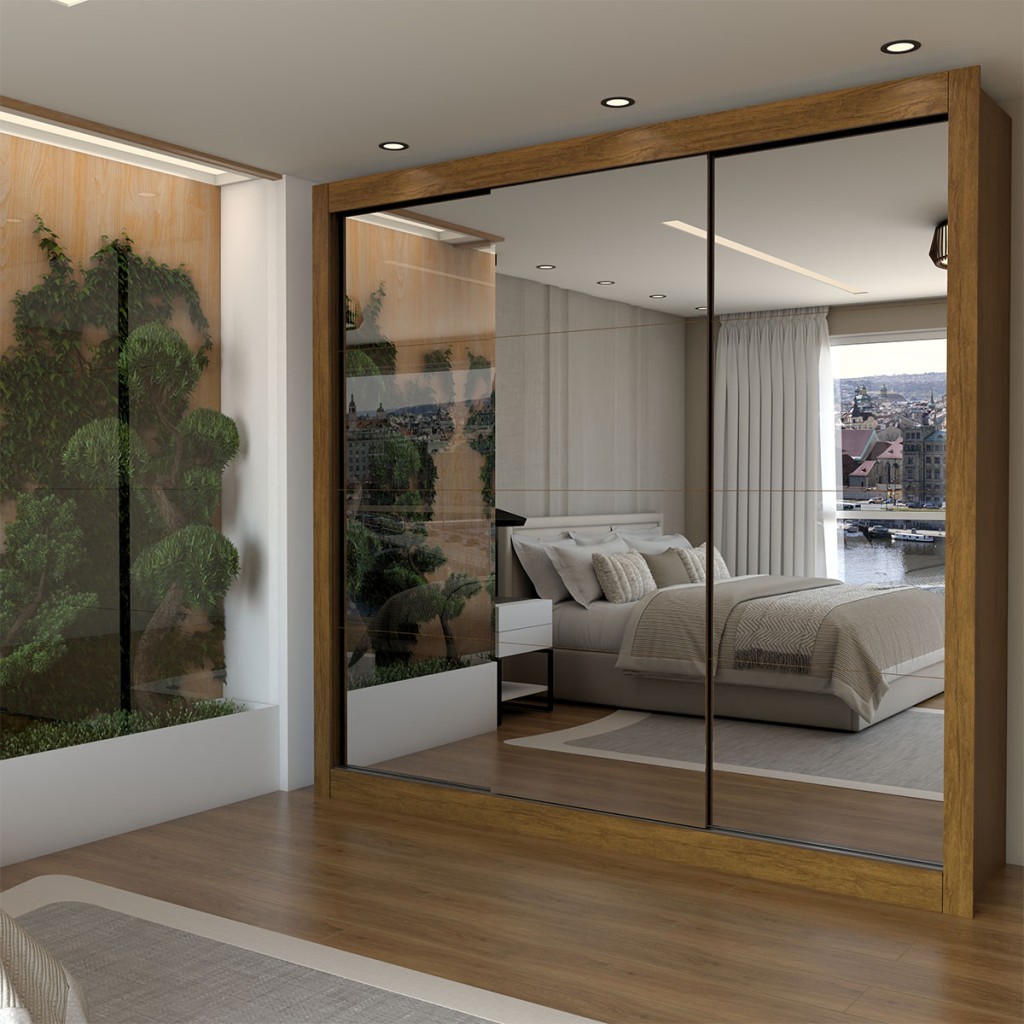 Guarda-Roupa Casal Louise 3 Portas de Correr 4 Gavetas Espelhado - Panorama Móveis em Oferta na Shopee