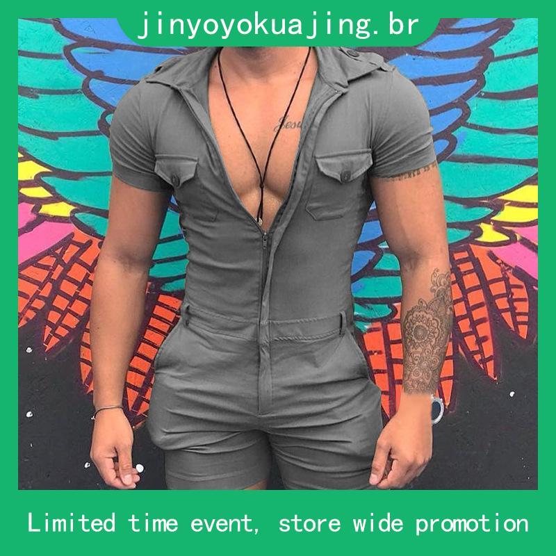 Macacão Curto Masculino Plus Size Cor Lisa De Manga Curta Com Zíper Slim Fit Moda Estilo Para Verão Casual