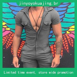 Macacão Curto Masculino Plus Size Cor Lisa De Manga Curta Com Zíper Slim Fit Moda Estilo Para Verão Casual
