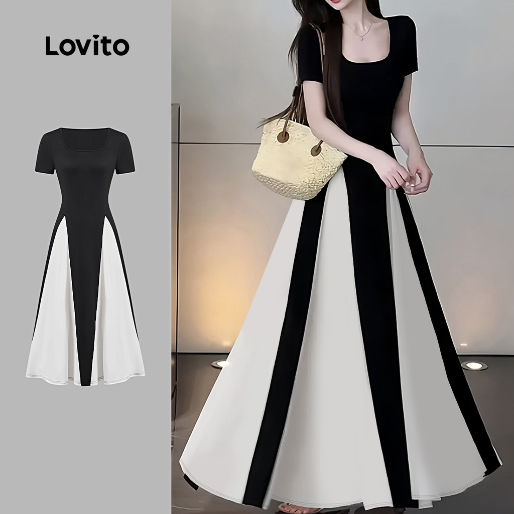 Lovito Vestido Casual Liso Colorblock Verão Primavera Preto E Branco Para Mulheres L134ED542 em Oferta na Shopee