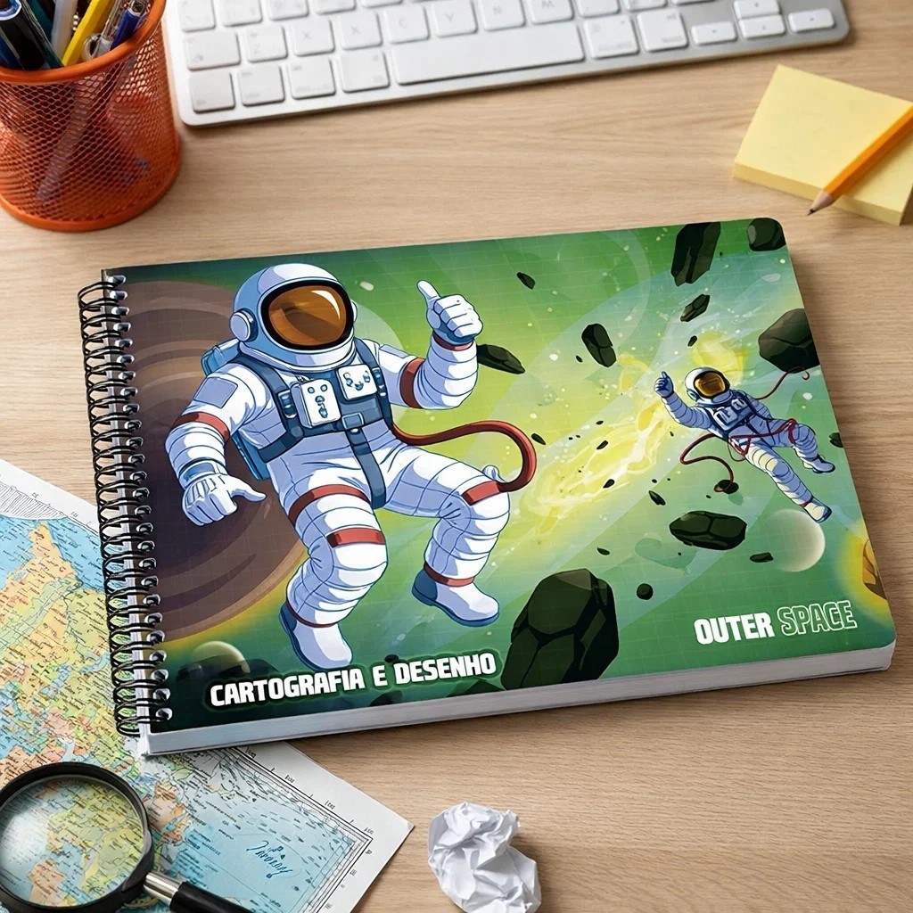 Caderno de Cartografia e Desenho Outer Space Sortido Atividades Aulas Papelaria Escrever Escola