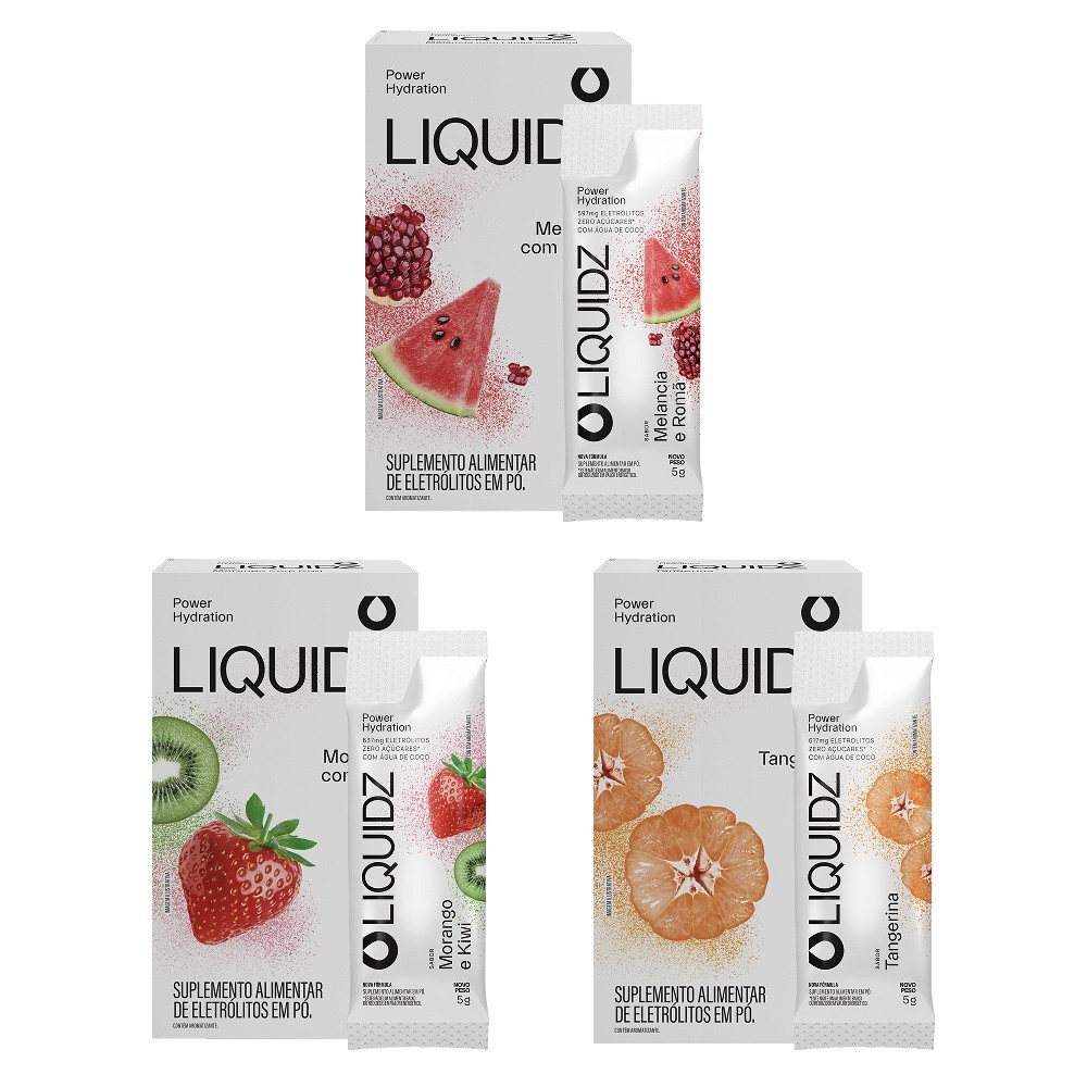 LIQUIDZ® - Eletrólitos Zero Açúcares - 3 Sabores - Kit 3 Caixas - 18 sachês