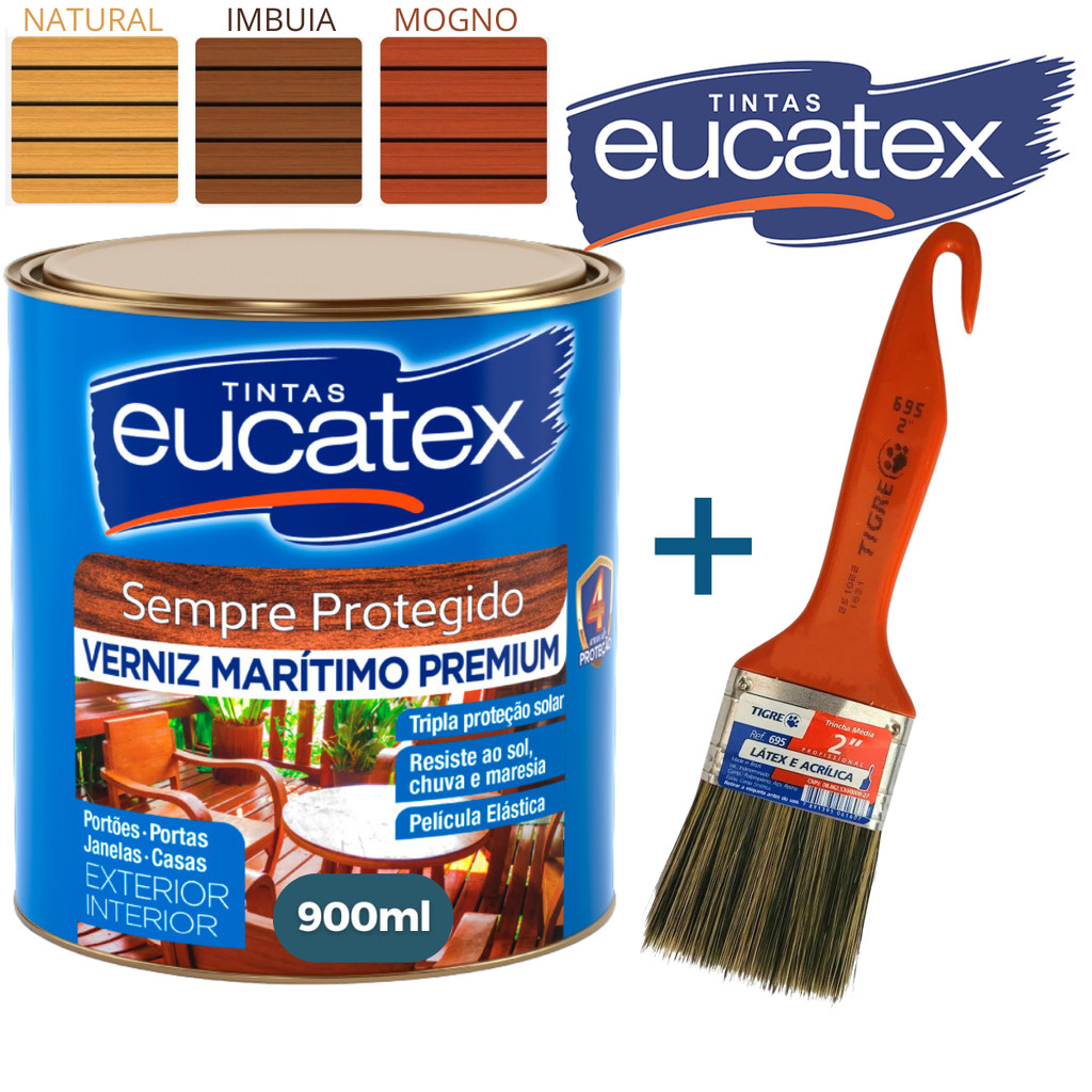 Verniz para Madeira 900ml + Pincel 2'' Trincha Kit Eucatex Vernis Imbuia/Mogno/Marítimo Brilhante