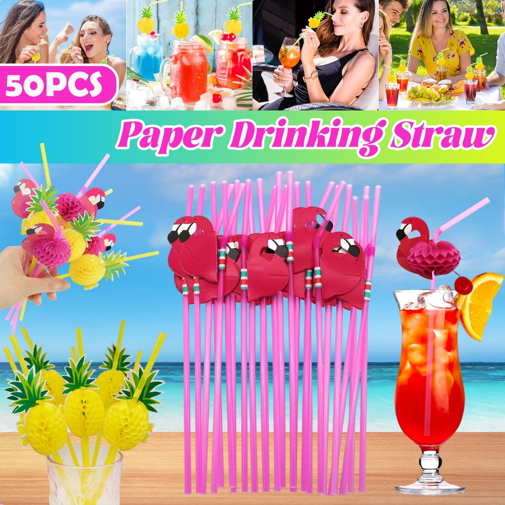 Canudo De Papel 3D Canudo Colorido Com Frutas para Drinks Festas 50 Canudo Flexível Frutas Festa Tropical Flamingo