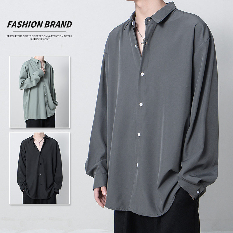 Camisa de manga comprida masculina seda gelo rufião bonito solto estilo Preppy Drape camisa na moda bonito High-End roup