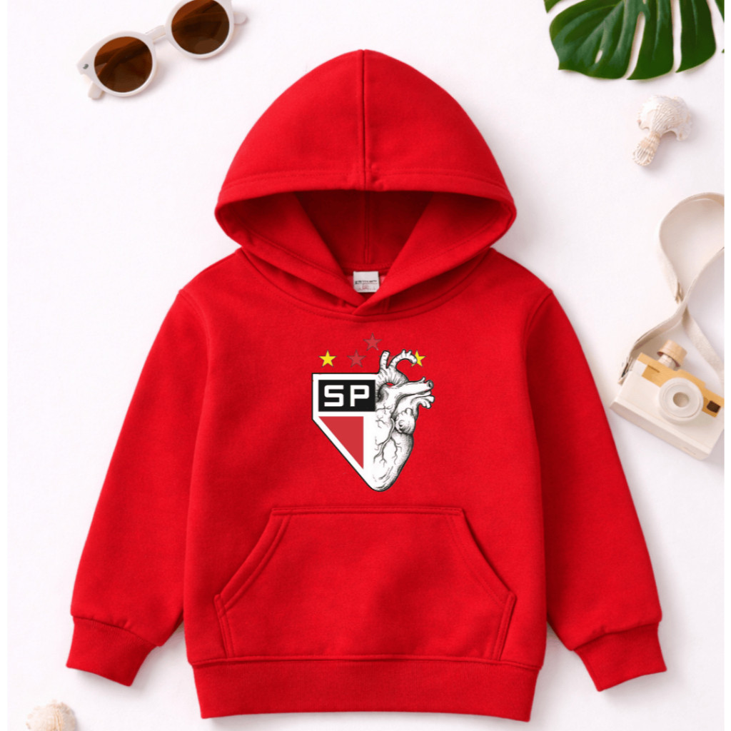 Moletom Infantil Juvenil Canguru com Capuz | Tricolor SP| Unissex Conforto | Agasalho Lindo para Frio, Estampa Futebol