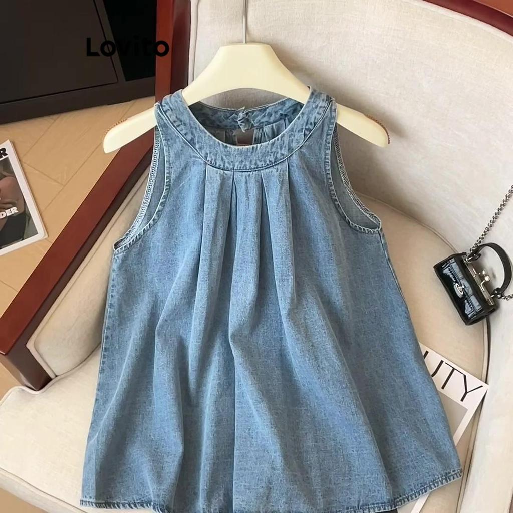 Lovito Top Jeans Elegante E Plissado Liso Para Mulheres LNE74282