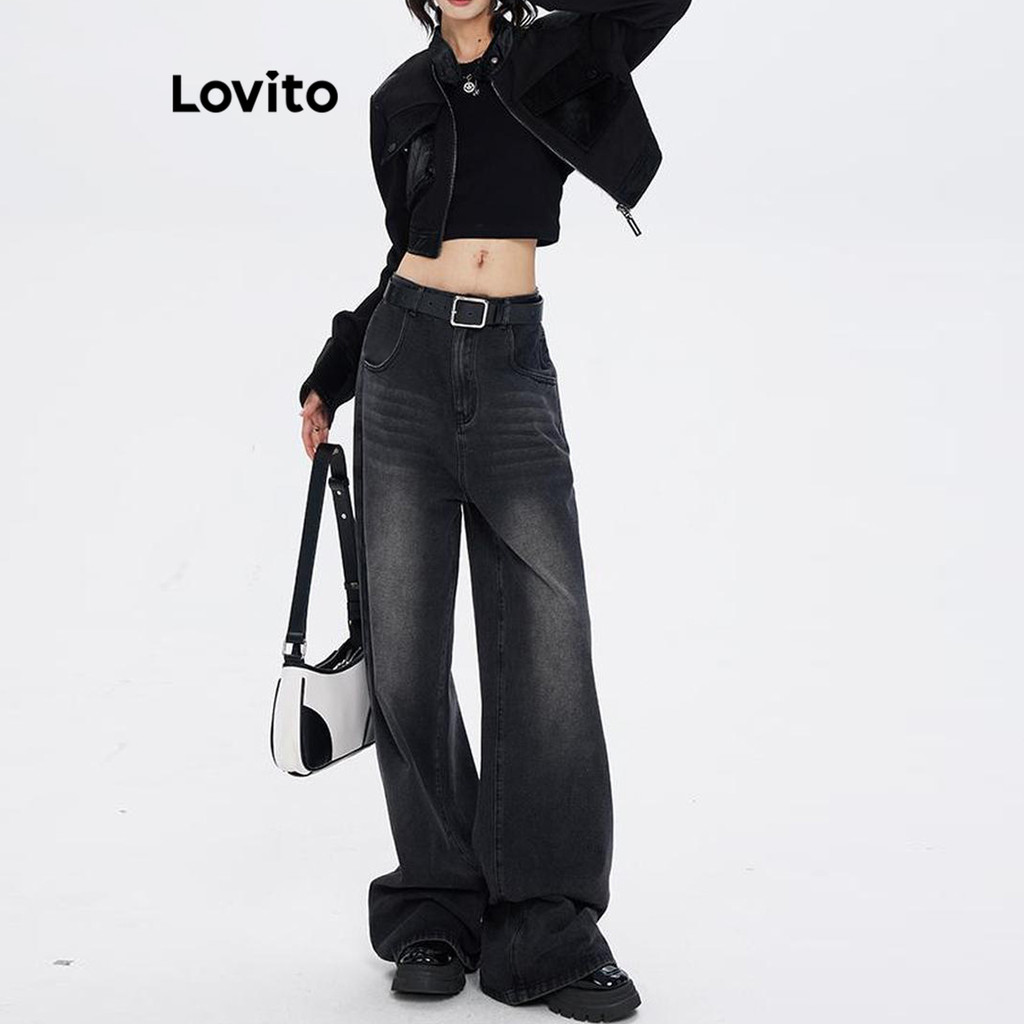 Lovito Jeans Femininos Casuais Com Botão Liso E Bolso Frontal Com Zíper LNA49080 em Oferta na Shopee