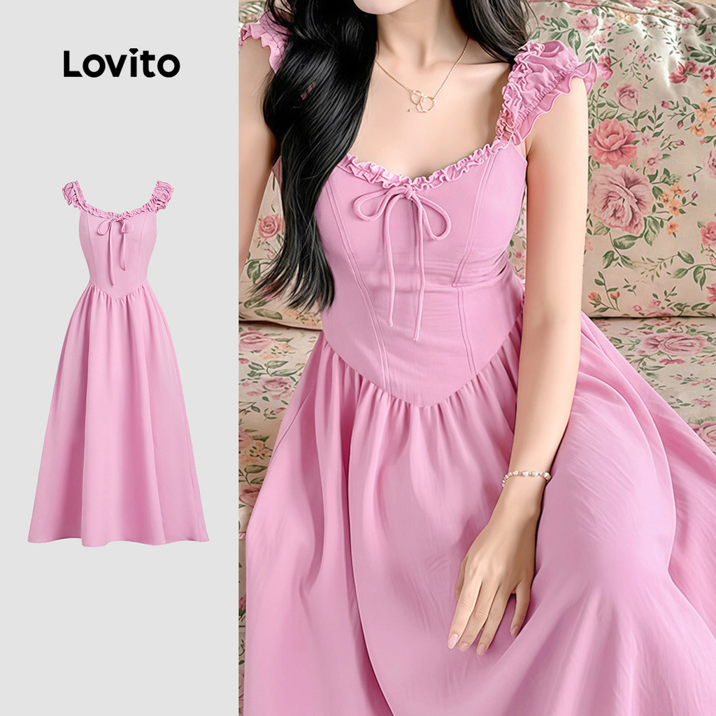 Lovito Longo Vestido Elegante Com Babados Rosa Primavera E Verão Para Mulheres L171ED358