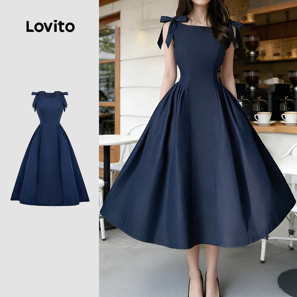 Lovito  Vestido Casual com Laço Zíper e Renda para Primavera/verão Azul Marinho para Mulheres L178ED1207 em Oferta na Shopee