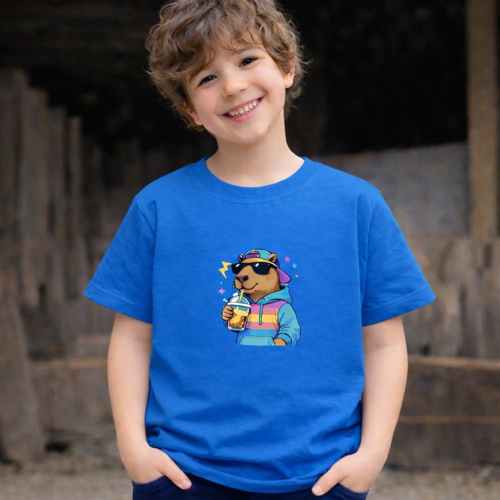 Camiseta Infantil Personalizada Desenho Capivara Estampada Azul Divertida Confortavel Personalizada