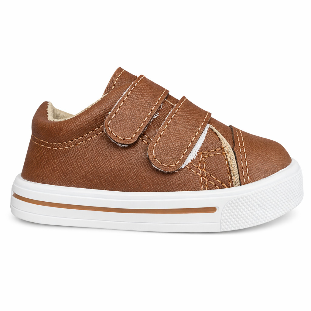 Tênis Bebê Masculino Marrom Velcro Casual Confortável Antiderrapante
