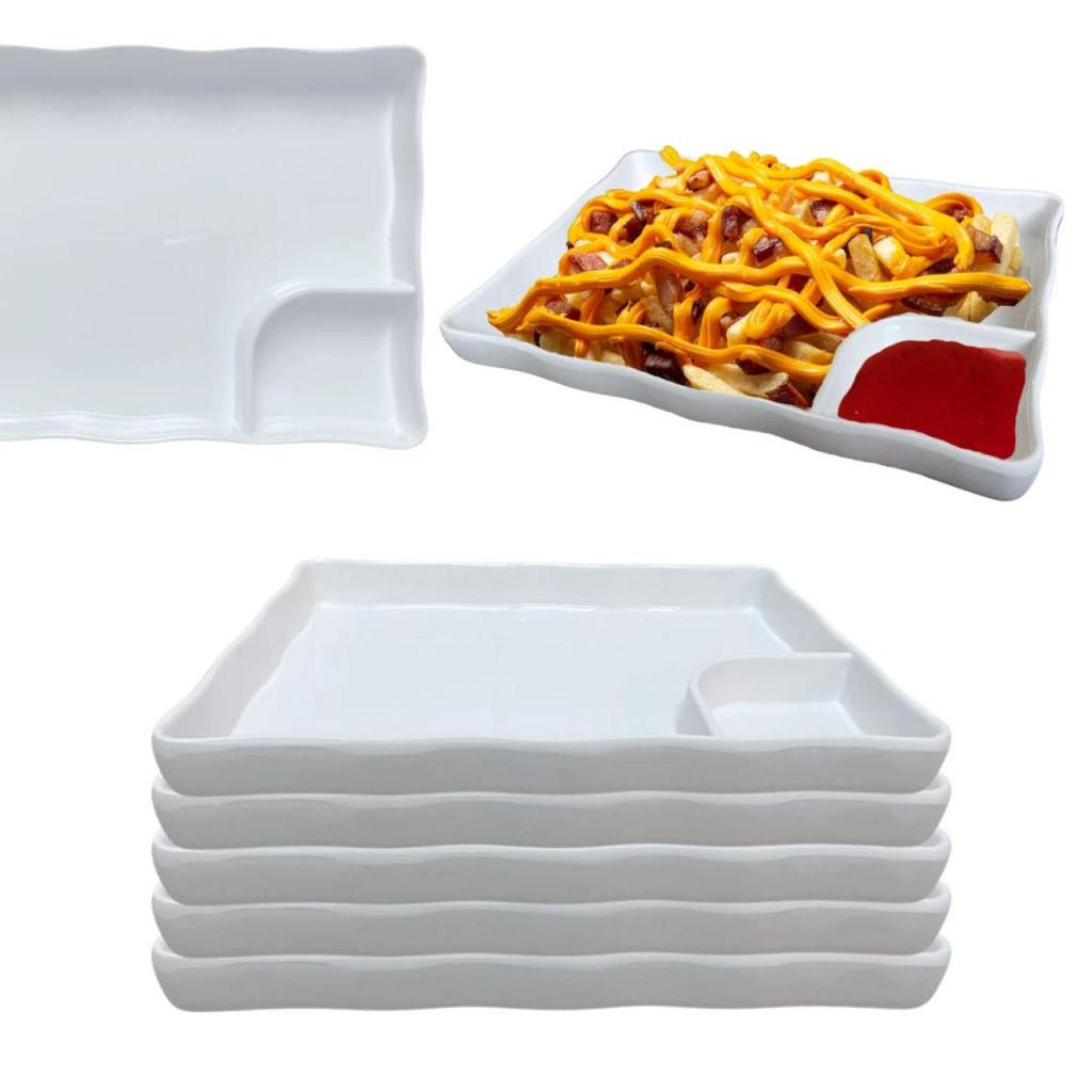 Conjunto 5 Petisqueiras com Divisoria 21cm Melamina Branca Comida Japonesa Sushi Buffet Porções