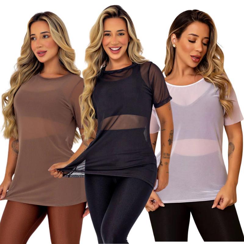 Kit 2 Blusa Blogueira Feminina Transparente Tule Manga Curta Camiseta Academia Fitness Musculação em Oferta na Shopee