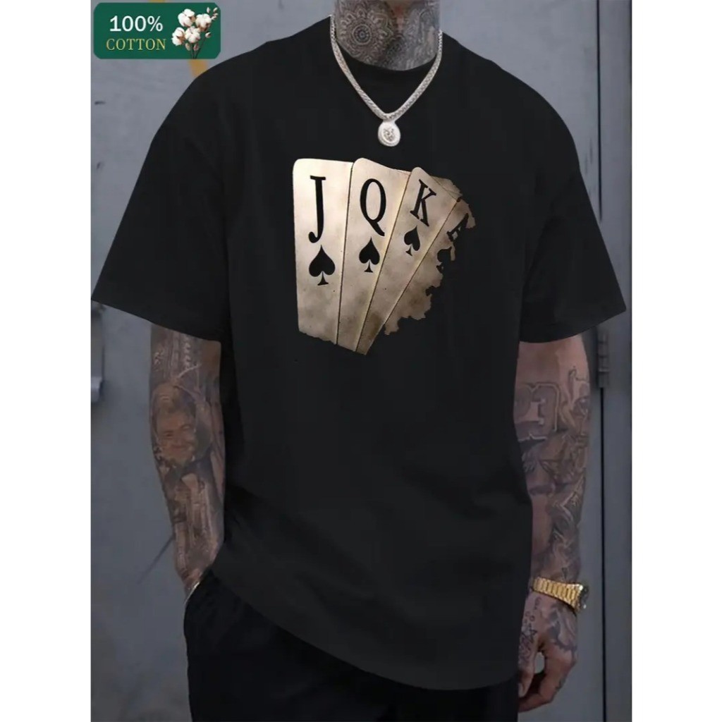 Camiseta Masculina de Algodão  Símbolos de Cartas de Baralho Casual.